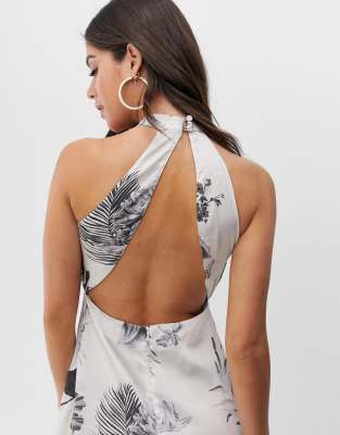 Ton Satin Design Montant En Palmier Longue Avec Sergé Asos Sur Col De TallRobe À Imprimé OPXuTkZi