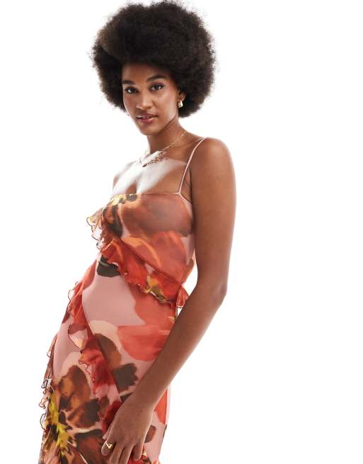 ASOS DESIGN Tall - Robe longue en tulle à épaules dénudées et détail à volants - Rose à imprimé fleurs oversize