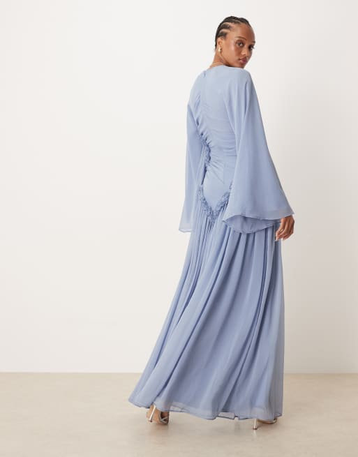 ASOS DESIGN Tall - Robe longue froncée en mousseline froissée à petits volants - Bleu, 2 de 4