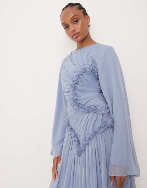 ASOS DESIGN Tall - Robe longue froncée en mousseline froissée à petits volants - Bleu, 3 de 4