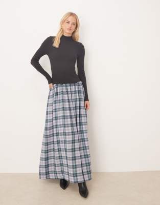 ASOS DESIGN Tall - Robe longue hybride à manches longues et col montant - Bleu à carreaux-Multicolore 46