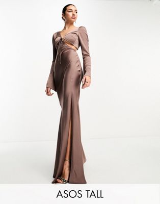 ASOS DESIGN Tall satin flare sleeve cut out maxi dress in mocha - ASOS Price Checker