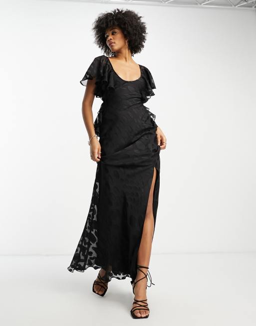 ASOS DESIGN Tall - Robe longue satinée à pois avec manches évasées et dos ouvert - Noir, 4 de 4
