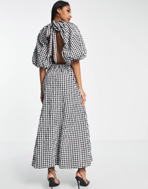 ASOS DESIGN Tall Robe longue texturee a carreaux vichy avec manches bouffantes et dos ouvert Monochrome ASOS