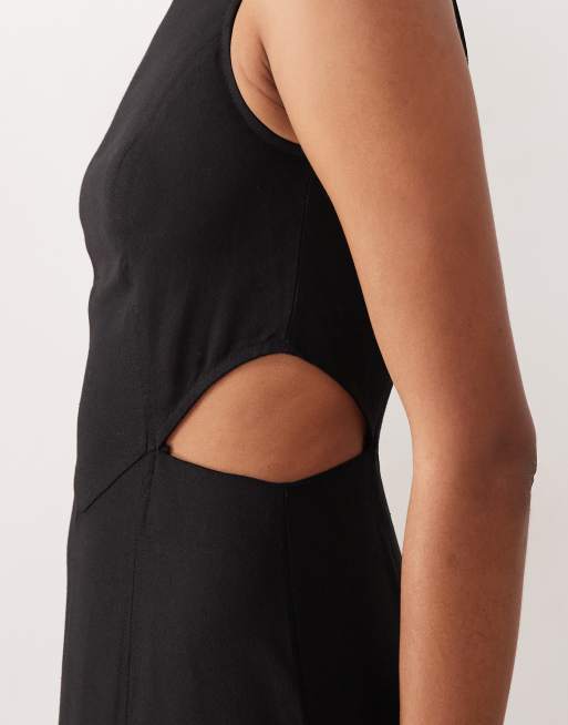 ASOS DESIGN Tall - Robe longueur mollet en lin mélangé à col montant avec découpe - Noir, 2 de 4