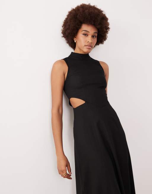 ASOS DESIGN Tall - Robe longueur mollet en lin mélangé à col montant avec découpe - Noir, 4 de 4