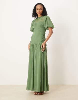 ASOS DESIGN Tall - Robe longueur mollet en mousseline à manches bouffantes - Vert