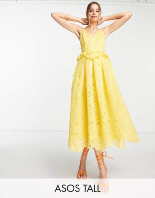 ASOS DESIGN Tall strappy midi dress with floral broderie and lace insert detail in yellow  - ASOS Price Checker