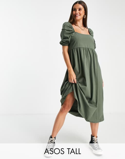 ASOS DESIGN Tall - Robe mi-longue à encolure carrée et manches bouffantes froncées - Kaki