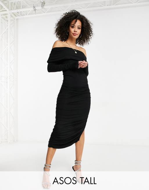 ASOS DESIGN Tall - Robe mi-longue à manches froncées et épaules dénudées - Noir