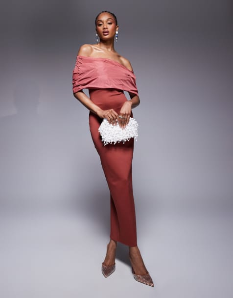 ASOS DESIGN Tall - Robe mi-longue avec corsage en taffeta façonné et encolure Bardot - Rouge - view 1