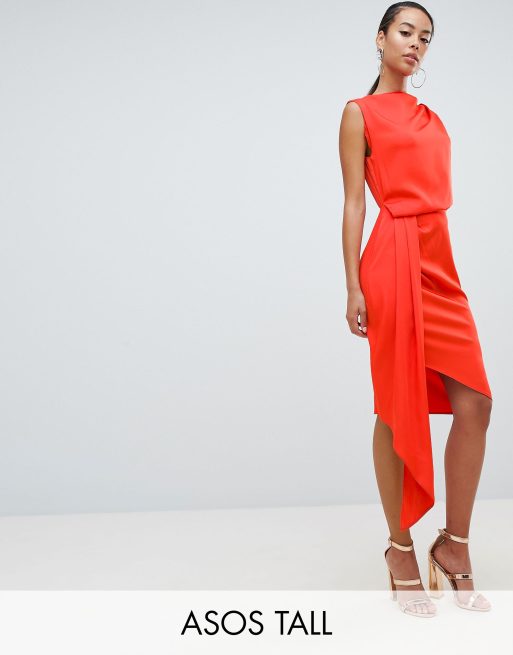 ASOS DESIGN Tall - Robe mi-longue drapée en satin avec ruban