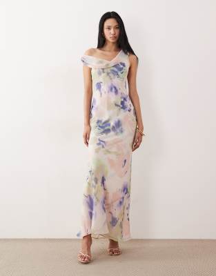 ASOS DESIGN Tall - Robe mi-longue en mousseline à épaule tombante torsadée - Imprimé abstrait-Multicolore 48