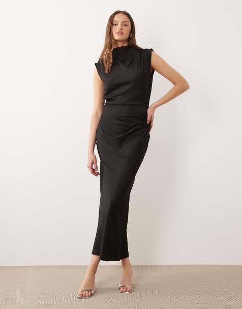 ASOS DESIGN Tall - Robe mi-longue en satin à buste plissé et col montant - Noir - view 1