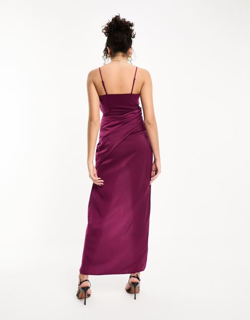 ASOS DESIGN Tall - Robe mi-longue en satin avec jupe drapée - Prune, 3 de 4