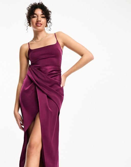 ASOS DESIGN Tall Robe mi longue en satin avec jupe drapee Prune