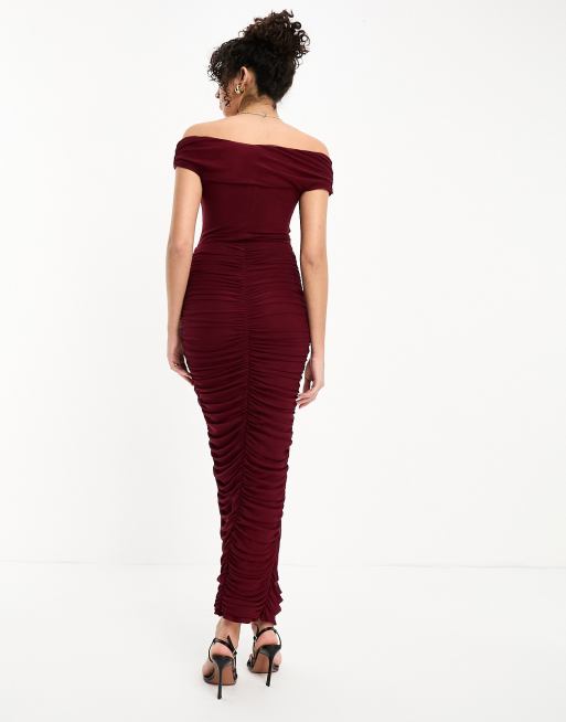ASOS DESIGN Tall - Robe mi-longue froncée en tulle à encolure Bardot croisée - Baie, 2 de 4
