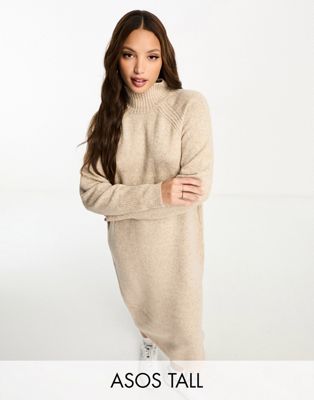 ASOS DESIGN Tall knitted oversized midi dress with high neck in stone - ASOS Price Checker
