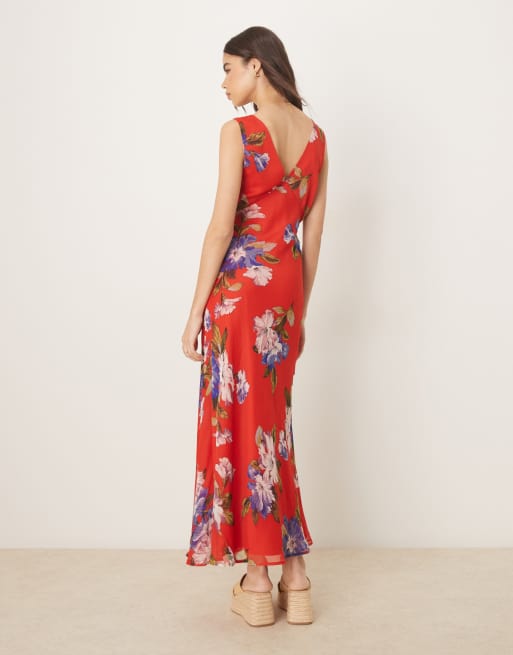 ASOS DESIGN Tall - Robe nuisette mi-longue à col V et détail noué sur le buste - Rouge à imprimé fleurs, 4 de 4