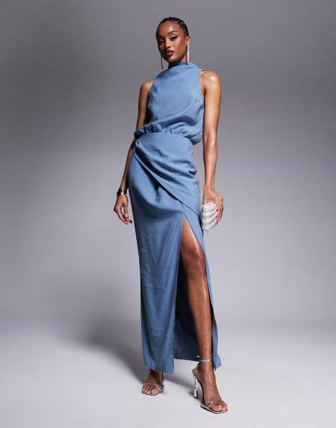 ASOS DESIGN Tall - Robe portefeuille longue à col montant - Bleu fumé - view 1