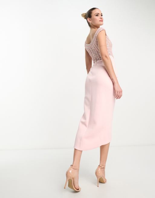 ASOS DESIGN Tall - Robe portefeuille mi-longue à épaules dénudées avec perles nacrées - Rose, 2 de 4