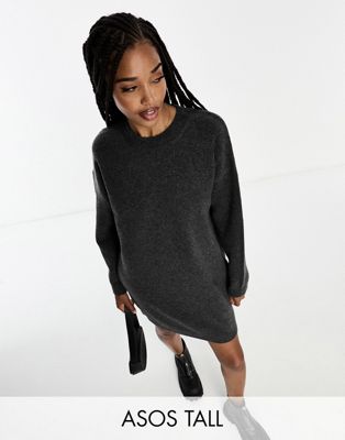 ASOS DESIGN Tall knitted jumper mini dress with crew neck in charcoal  - ASOS Price Checker