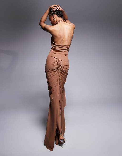 ASOS DESIGN Tall - Robe sculptante en jersey avec col montant drapé et volants - Chocolat, 3 de 4