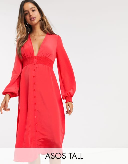 ASOS DESIGN Tall – Röd midiklänning med lång ärm, knappar och smockad midja