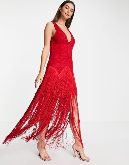 ASOS DESIGN Tall – Röd, midilång korsettklänning i mesh med sänkt midja och fransar, 4 av 4