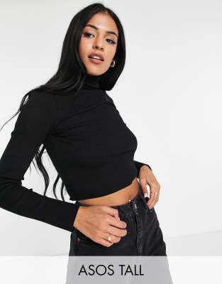ASOS DESIGN Tall roll neck crop top in rib in black - ASOS Price Checker