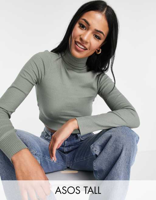 ASOS DESIGN Tall roll neck crop top in rib in khaki
