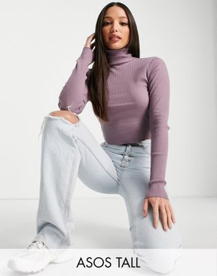 ASOS DESIGN Tall roll neck crop top in rib in mauve