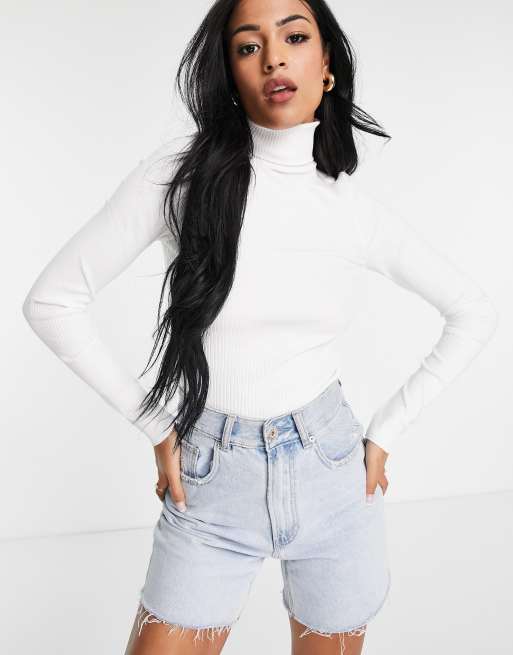 ASOS DESIGN turtleneck long sleeve rib crop top in white