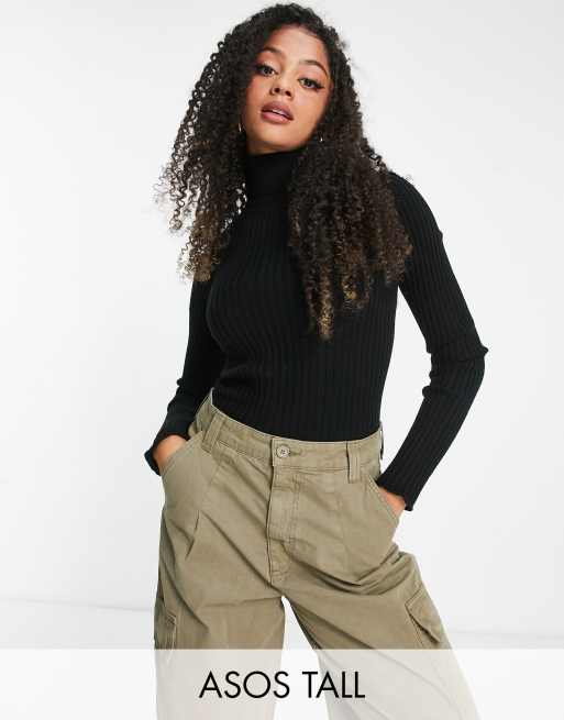 ASOS DESIGN Tall roll neck jumper in rib in black 