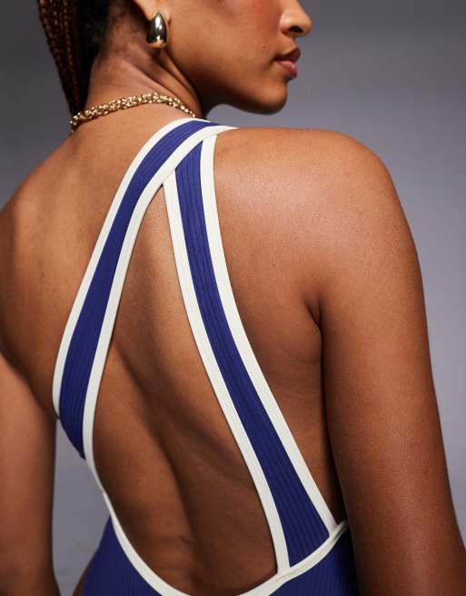 ASOS DESIGN Tall Ronnie rib contrast binding one shoulder swimsuit in mono, 2 of 4