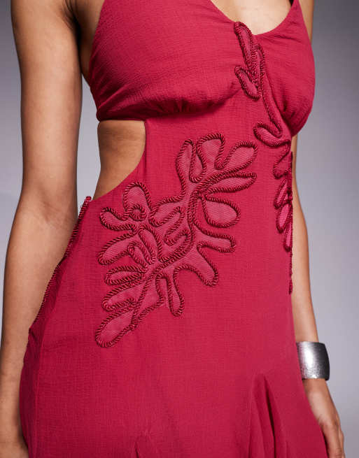 ASOS DESIGN Tall – Rosa, broderad miniklänning med halterneck och klockad kjol, 2 av 4