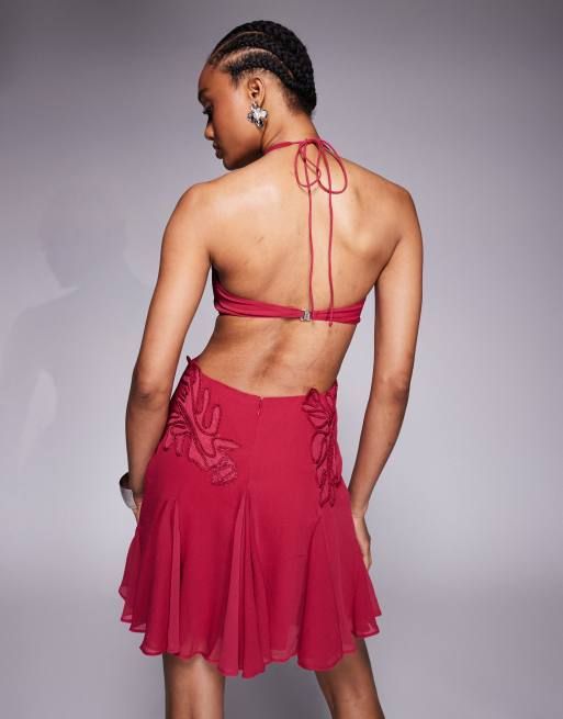 ASOS DESIGN Tall – Rosa, broderad miniklänning med halterneck och klockad kjol, 3 av 4