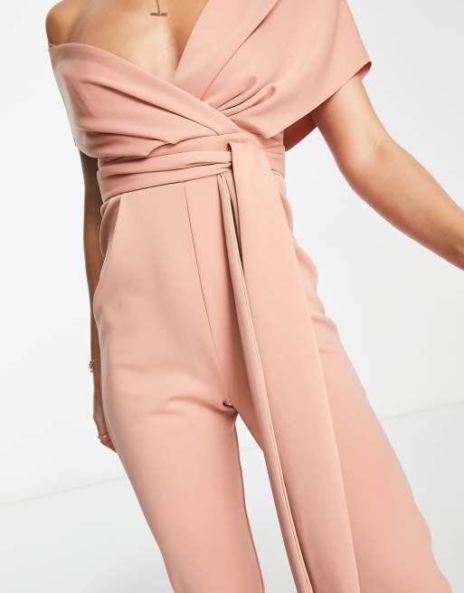 ASOS DESIGN Tall – Rosa jumpsuit i scubaliknande tyg med bar axel, 3 av 4