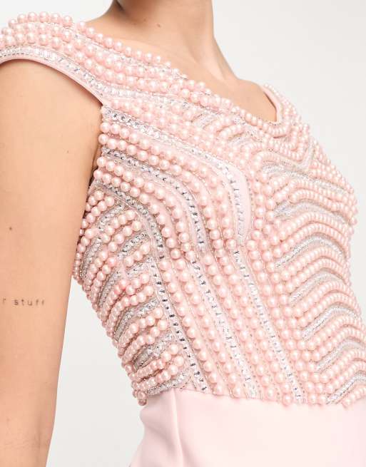 ASOS DESIGN Tall – Rosa midiklänning i off shoulder-modell med pärlutsmyckningar och omlottdesign, 3 av 4
