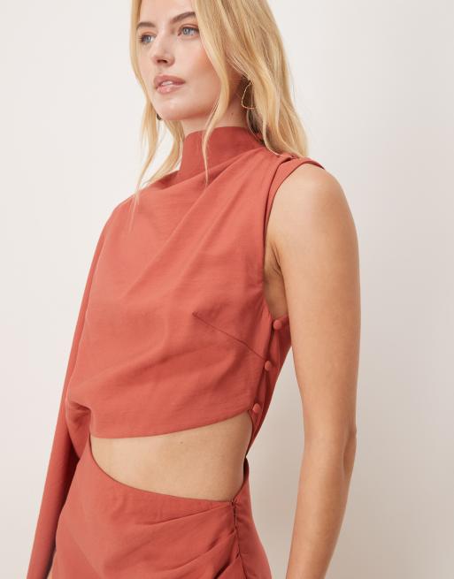 ASOS DESIGN Tall – Rostfärgad, enaxlad midiklänning med hög krage, pingvinärm och utskurna detaljer, 2 av 4