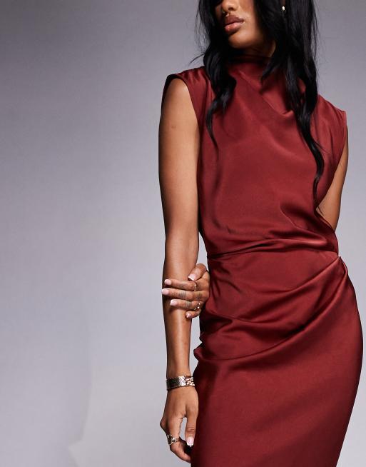 ASOS DESIGN Tall – Rostfärgad midiklänning i satin med hög krage och veckat liv, 3 av 4