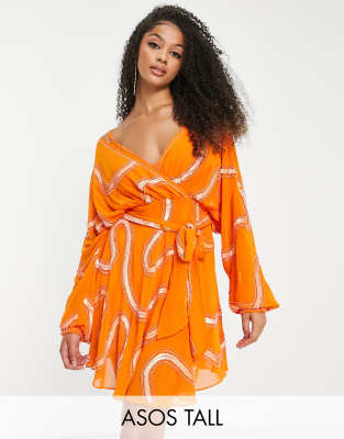 ASOS DESIGN Tall rouleaux loop tie waist mini dress with swirl embellishment in orange