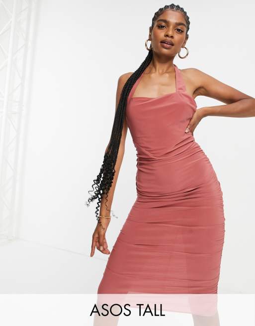 ASOS DESIGN Tall – Różowa sukienka midi z marszczonym gorsetem i wiązaniem na szyi