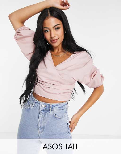 ASOS DESIGN Tall – Różowy bawełniany top kopertowy odsłaniający ramiona z obszernymi rękawami