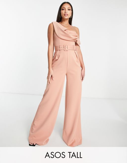 ASOS DESIGN Tall – Różowy kombinezon na jedno ramię z materiału typu nurek z szerokimi nogawkami i paskiem