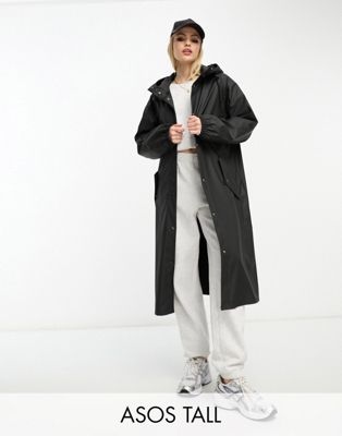 ASOS DESIGN Tall rubberised rain parka coat in black