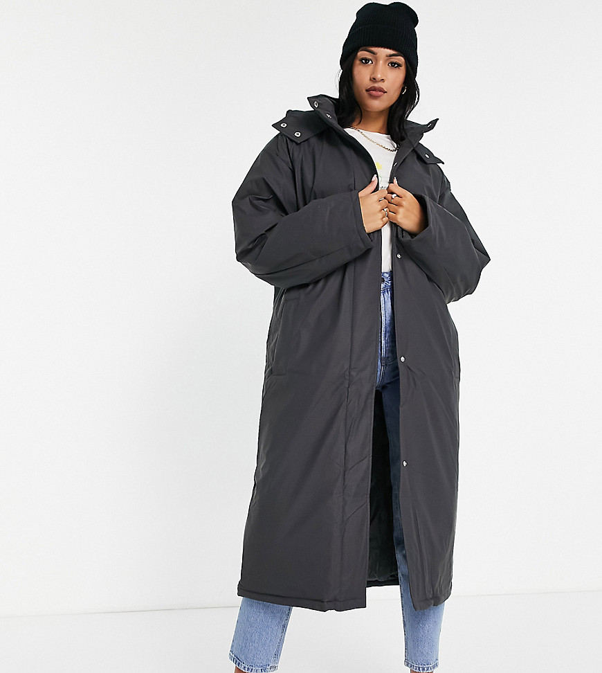 ASOS DESIGN Tall rubberized padded rain coat in charcoal-Neutral