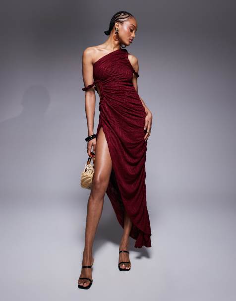 ASOS DESIGN Tall ruched asymmetric textured midi dress with twisted strapping details in dark cherry - view 1