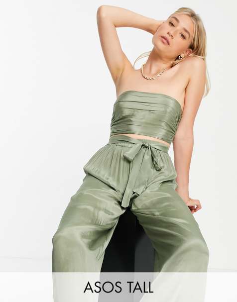 ASOS DESIGN tall ruched bandeau co-ord beach top in khaki - view 1