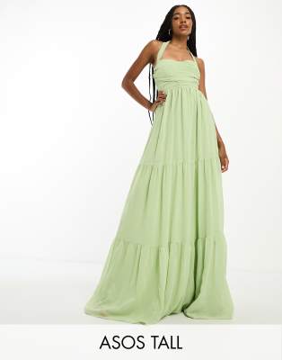 ASOS DESIGN Tall ruched bodice halter tiered maxi dress in sage green - ASOS Price Checker